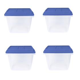 4 Pack 32 Quart Clear Storage Bin, Latched Storage Container, with Blue HI-RISE Lid
