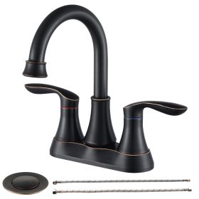 2-Handle 4-Inch Oil Rubbed Bronze Bathroom Faucet, Bathroom Vanity Sink Faucets With Pop-up Drain And Supply Hoses (Color: Black)