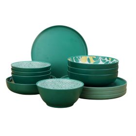 Bamboo Melamine 12-Piece Dinnerware Set (Color: Green)