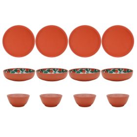 Bamboo Melamine 12-Piece Dinnerware Set (Color: Orange)