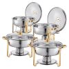 5 Qt 4 Pack Round Chafing Dish Buffet Set Full-Size Pan Stainless Steel Gold