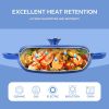 The enamel cast iron soup pot features a circular shower-style lid design and is suitable for various tools, such as ceramic, gas